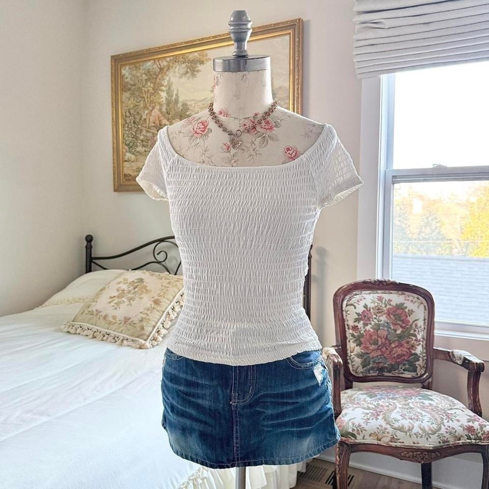 y2k american rag cie white smocked‎ fitted top size medium